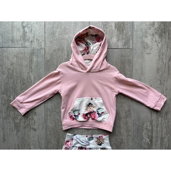 Toddler Girl Floral Print Outfit 2 Piece Set Pink Hoodie Top Matching Pants 18m - Picture 5 of 8